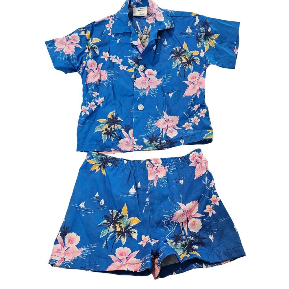 Vintage Hawaiian Infant Outfit 80s Sz 6 Mths Blue Tropical Floral Baby USA Retro